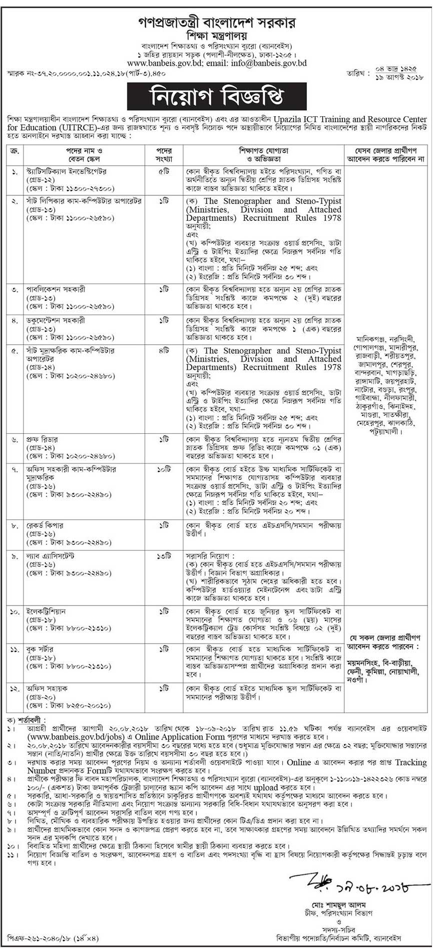 Ministry of Education Jobs Circular 19/08/2018 Ministry of Education Jobs Circular 19/08/2018